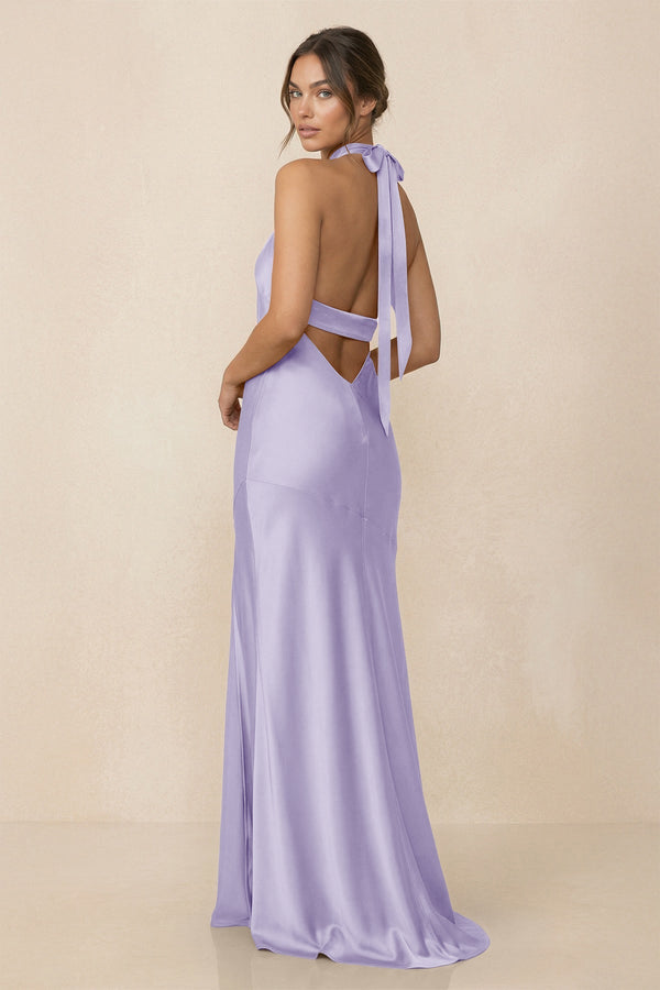 Cross Halter Sheath Bridesmaid Dress With Slit in Lavender - KISS BRIDAL Bridesmaid Dresses