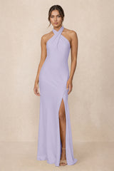 Cross Halter Sheath Bridesmaid Dress With Slit in Lavender | KISSBRIDAL