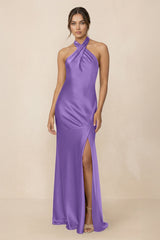 Cross Halter Sheath Bridesmaid Dress With Slit in Lilac - KISS BRIDAL Bridesmaid Dresses