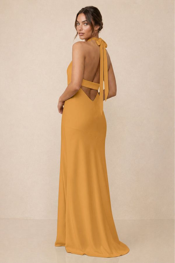 Cross Halter Sheath Bridesmaid Dress With Slit in Marigold (2) | KISSBRIDAL