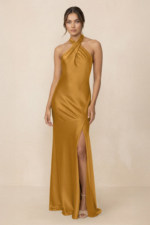 Cross Halter Sheath Bridesmaid Dress With Slit in Marigold - KISS BRIDAL Bridesmaid Dresses