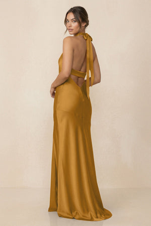 Cross Halter Sheath Bridesmaid Dress With Slit in Marigold - KISS BRIDAL Bridesmaid Dresses