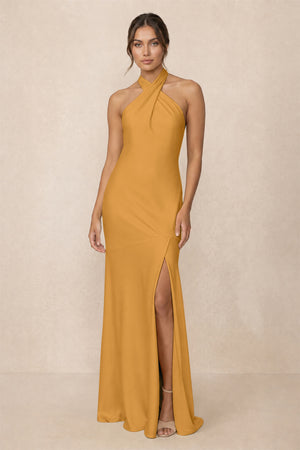 Cross Halter Sheath Bridesmaid Dress With Slit in Marigold | KISSBRIDAL