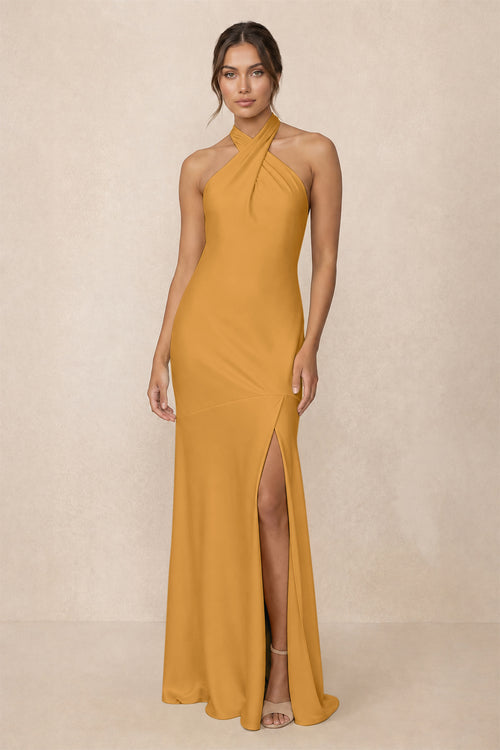 Cross Halter Sheath Bridesmaid Dress With Slit in Marigold | KISSBRIDAL