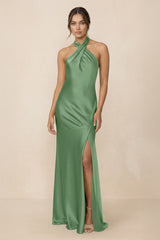 Cross Halter Sheath Bridesmaid Dress With Slit in Matcha - KISS BRIDAL Bridesmaid Dresses