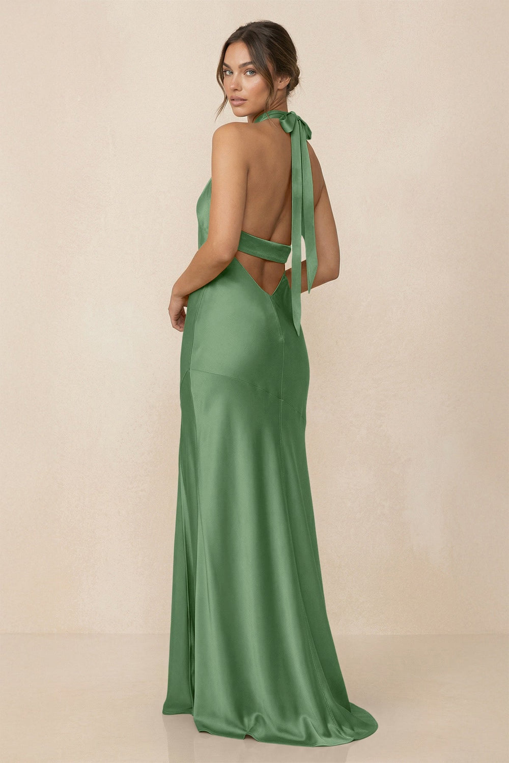 Cross Halter Sheath Bridesmaid Dress With Slit in Matcha - KISS BRIDAL Bridesmaid Dresses