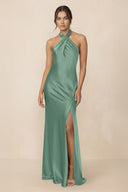 Cross Halter Sheath Bridesmaid Dress With Slit in Mint Green - SHE IS ME Bridesmaid Dresses