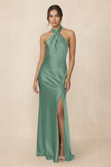 Cross Halter Sheath Bridesmaid Dress With Slit in Mint Green - KISS BRIDAL Bridesmaid Dresses