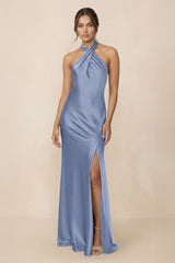 Cross Halter Sheath Bridesmaid Dress With Slit in Mist - KISS BRIDAL Bridesmaid Dresses