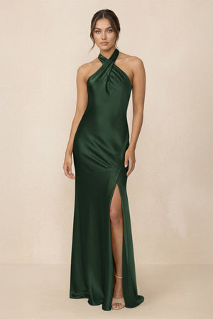 Cross Halter Sheath Bridesmaid Dress With Slit in Moss - KISS BRIDAL Bridesmaid Dresses