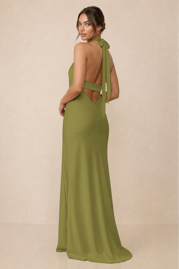 Cross Halter Sheath Bridesmaid Dress With Slit in Moss Green (2) | KISSBRIDAL