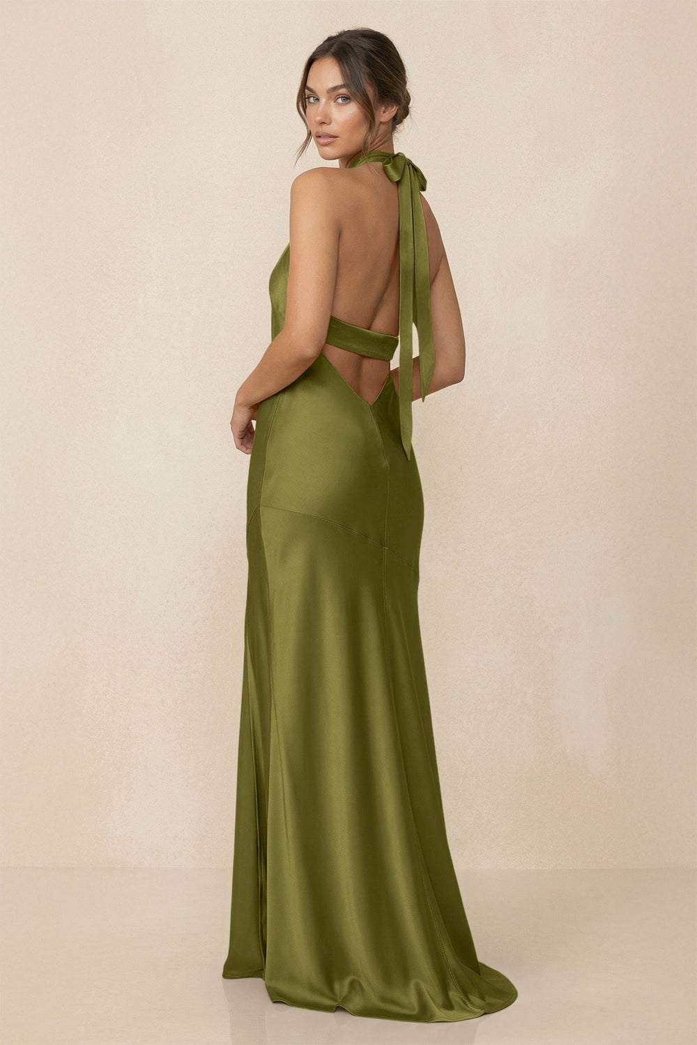 Cross Halter Sheath Bridesmaid Dress With Slit in Moss Green - KISS BRIDAL Bridesmaid Dresses