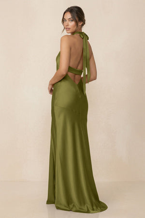 Cross Halter Sheath Bridesmaid Dress With Slit in Moss Green - KISS BRIDAL Bridesmaid Dresses
