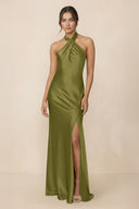Cross Halter Sheath Bridesmaid Dress With Slit in Moss Green - KISS BRIDAL Bridesmaid Dresses