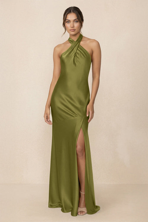 Cross Halter Sheath Bridesmaid Dress With Slit in Moss Green - KISS BRIDAL Bridesmaid Dresses
