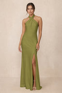 Cross Halter Sheath Bridesmaid Dress With Slit in Moss Green | KISSBRIDAL