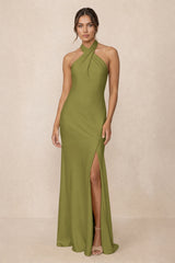 Cross Halter Sheath Bridesmaid Dress With Slit in Moss Green | KISSBRIDAL
