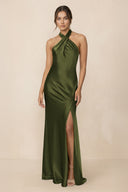 Cross Halter Sheath Bridesmaid Dress With Slit in Olive - KISS BRIDAL Bridesmaid Dresses
