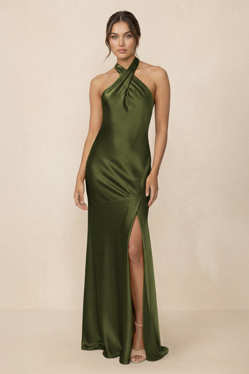 Cross Halter Sheath Bridesmaid Dress With Slit in Olive - KISS BRIDAL Bridesmaid Dresses