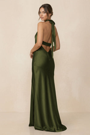 Cross Halter Sheath Bridesmaid Dress With Slit in Olive - KISS BRIDAL Bridesmaid Dresses