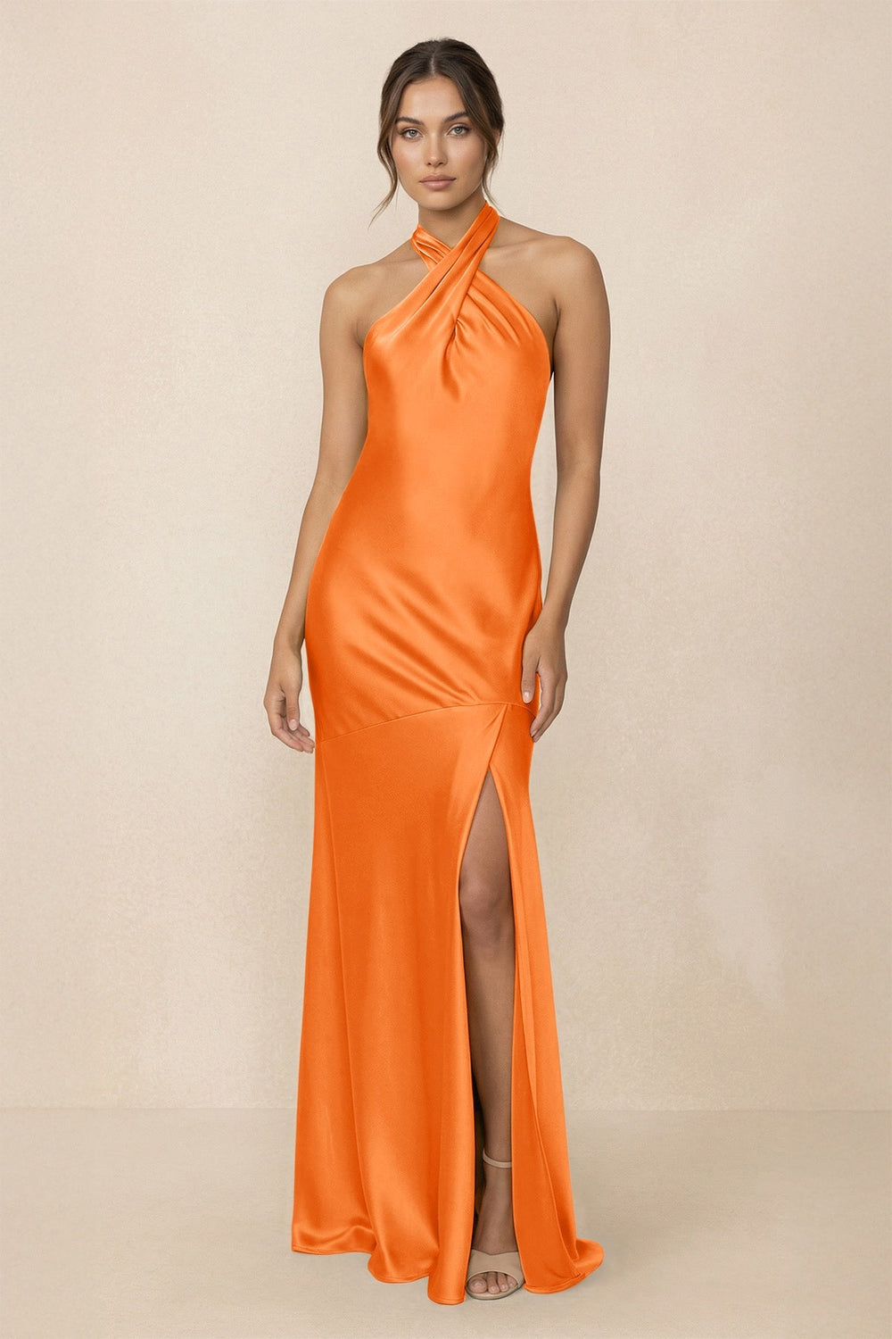 Cross Halter Sheath Bridesmaid Dress With Slit in Orange - KISS BRIDAL Bridesmaid Dresses