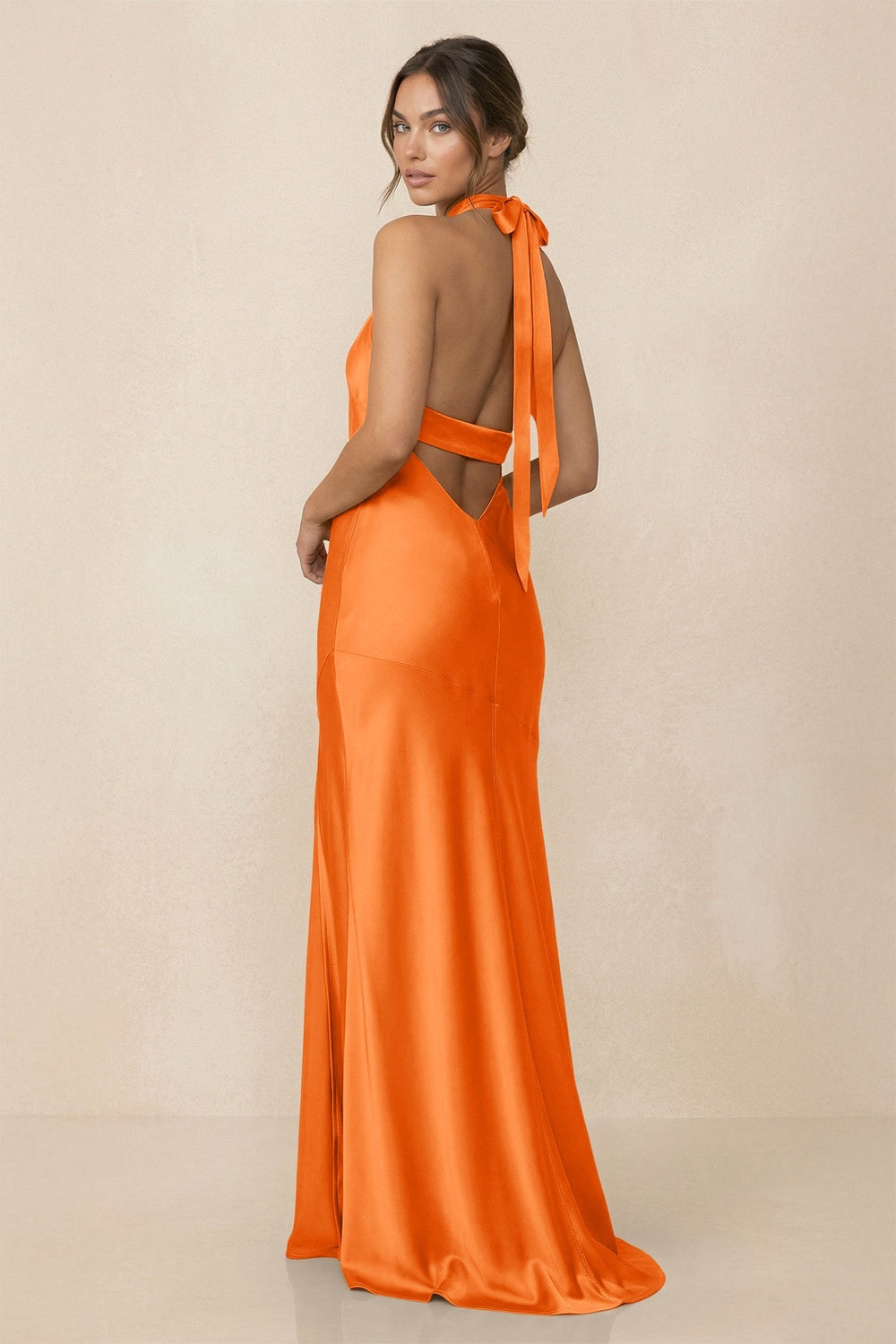 Cross Halter Sheath Bridesmaid Dress With Slit in Orange - KISS BRIDAL Bridesmaid Dresses