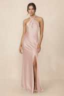 Cross Halter Sheath Bridesmaid Dress With Slit in Pale Blush - KISS BRIDAL Bridesmaid Dresses