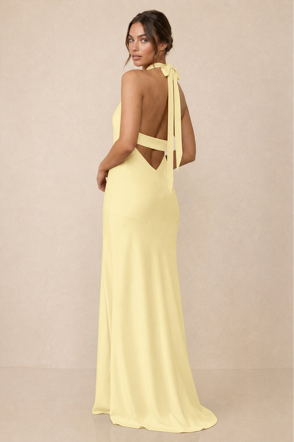 Cross Halter Sheath Bridesmaid Dress With Slit in Pastel Yellow (2) | KISSBRIDAL
