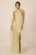 Cross Halter Sheath Bridesmaid Dress With Slit in Pastel Yellow - KISS BRIDAL Bridesmaid Dresses