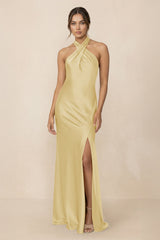 Cross Halter Sheath Bridesmaid Dress With Slit in Pastel Yellow - KISS BRIDAL Bridesmaid Dresses
