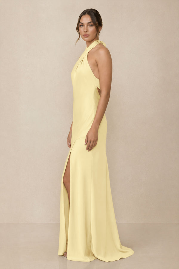 Cross Halter Sheath Bridesmaid Dress With Slit in Pastel Yellow (3) | KISSBRIDAL