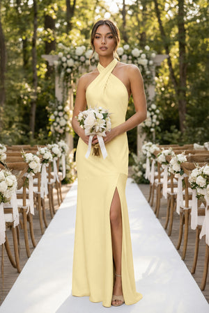 Cross Halter Sheath Bridesmaid Dress With Slit in Pastel Yellow (4) | KISSBRIDAL