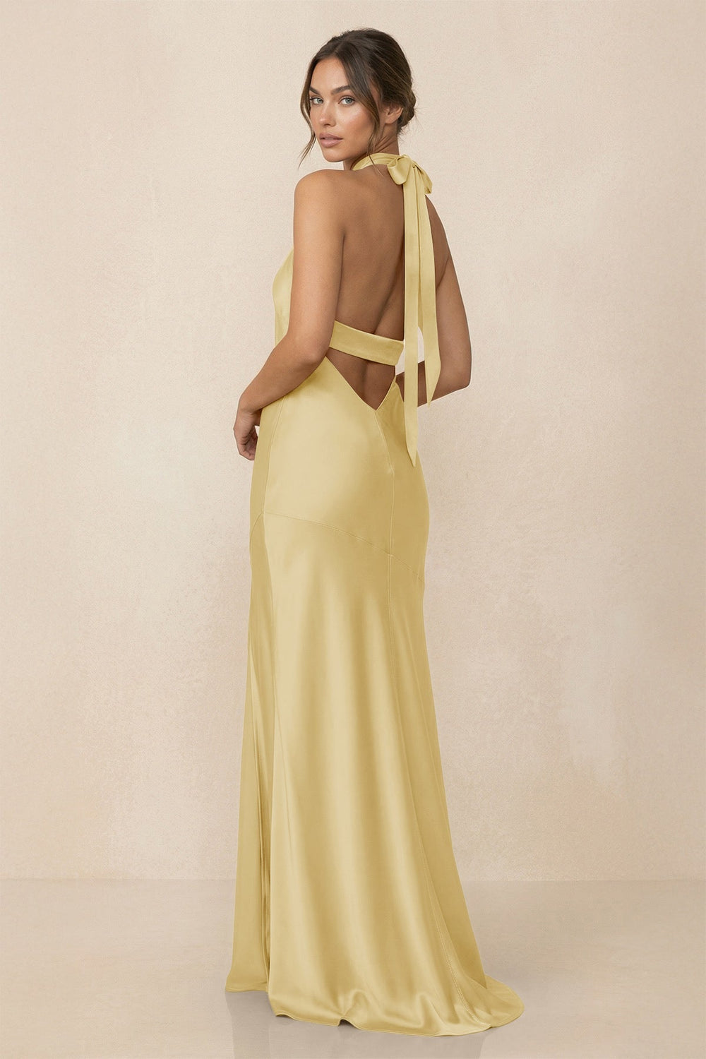 Cross Halter Sheath Bridesmaid Dress With Slit in Pastel Yellow - KISS BRIDAL Bridesmaid Dresses