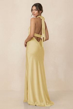 Cross Halter Sheath Bridesmaid Dress With Slit in Pastel Yellow - KISS BRIDAL Bridesmaid Dresses