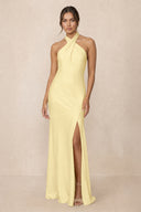 Cross Halter Sheath Bridesmaid Dress With Slit in Pastel Yellow | KISSBRIDAL
