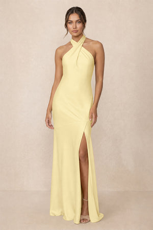 Cross Halter Sheath Bridesmaid Dress With Slit in Pastel Yellow | KISSBRIDAL
