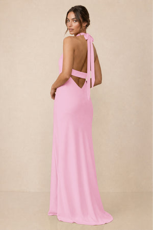 Cross Halter Sheath Bridesmaid Dress With Slit in Pink (2) | KISSBRIDAL