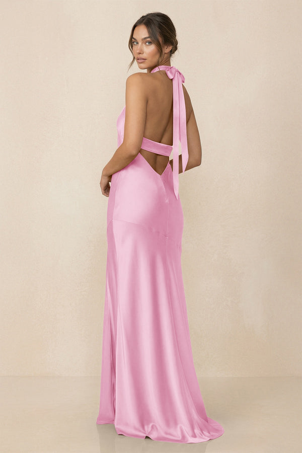 Cross Halter Sheath Bridesmaid Dress With Slit in Pink - KISS BRIDAL Bridesmaid Dresses