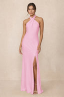 Cross Halter Sheath Bridesmaid Dress With Slit in Pink | KISSBRIDAL