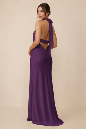 Cross Halter Sheath Bridesmaid Dress With Slit in Plum (2) | KISSBRIDAL