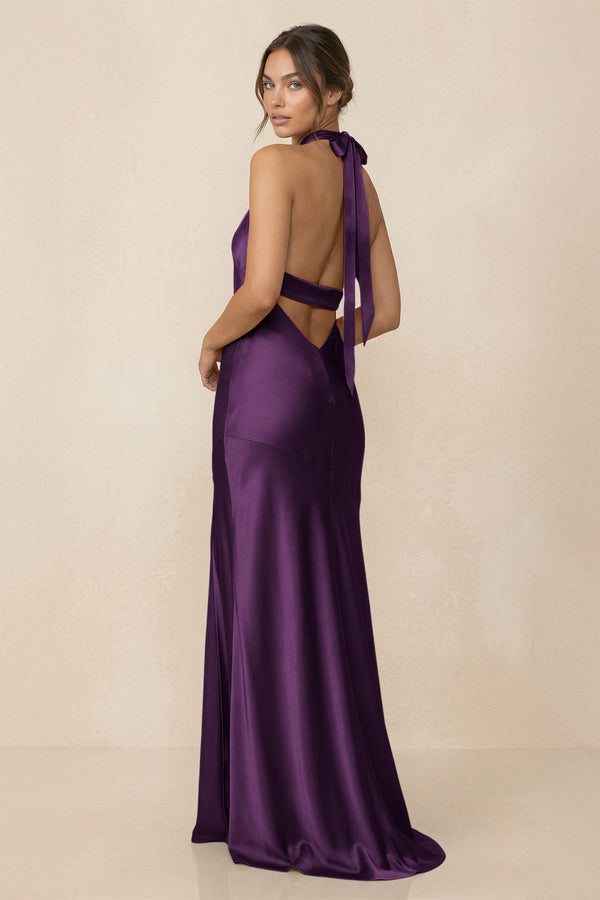 Cross Halter Sheath Bridesmaid Dress With Slit in Plum - KISS BRIDAL Bridesmaid Dresses