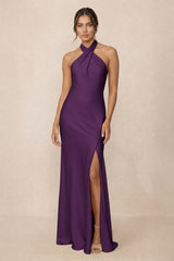 Cross Halter Sheath Bridesmaid Dress With Slit in Plum | KISSBRIDAL