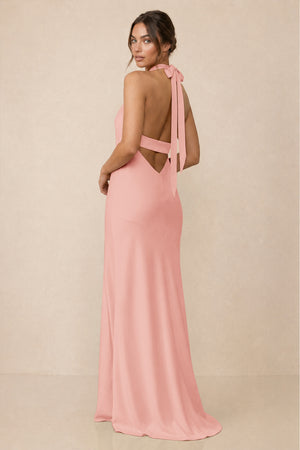 Cross Halter Sheath Bridesmaid Dress With Slit in Rose Petal (2) | KISSBRIDAL