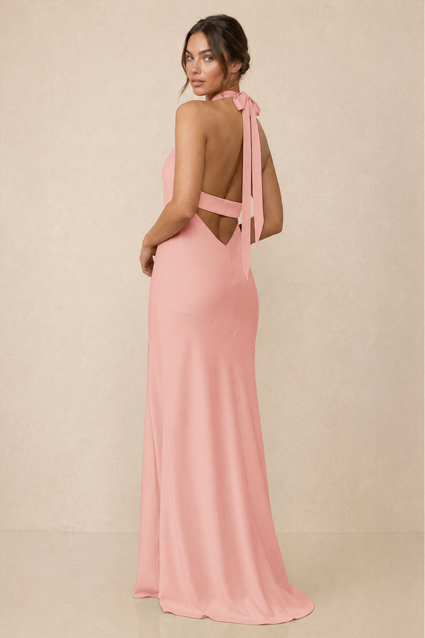 Cross Halter Sheath Bridesmaid Dress With Slit in Rose Petal (2) | KISSBRIDAL