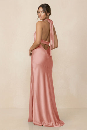 Cross Halter Sheath Bridesmaid Dress With Slit in Rose Petal - KISS BRIDAL Bridesmaid Dresses