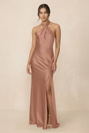 Cross Halter Sheath Bridesmaid Dress With Slit in Rosette - KISS BRIDAL Bridesmaid Dresses