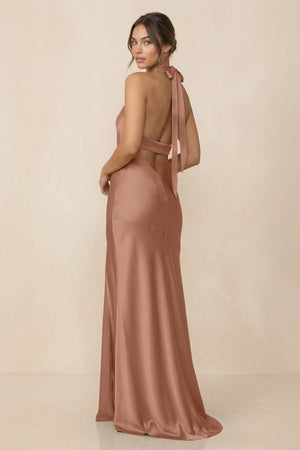 Cross Halter Sheath Bridesmaid Dress With Slit in Rosette - KISS BRIDAL Bridesmaid Dresses