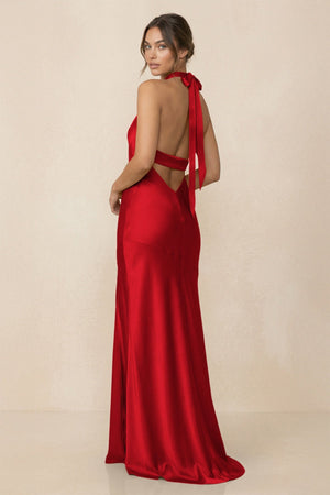 Cross Halter Sheath Bridesmaid Dress With Slit in Ruby Red - KISS BRIDAL Bridesmaid Dresses