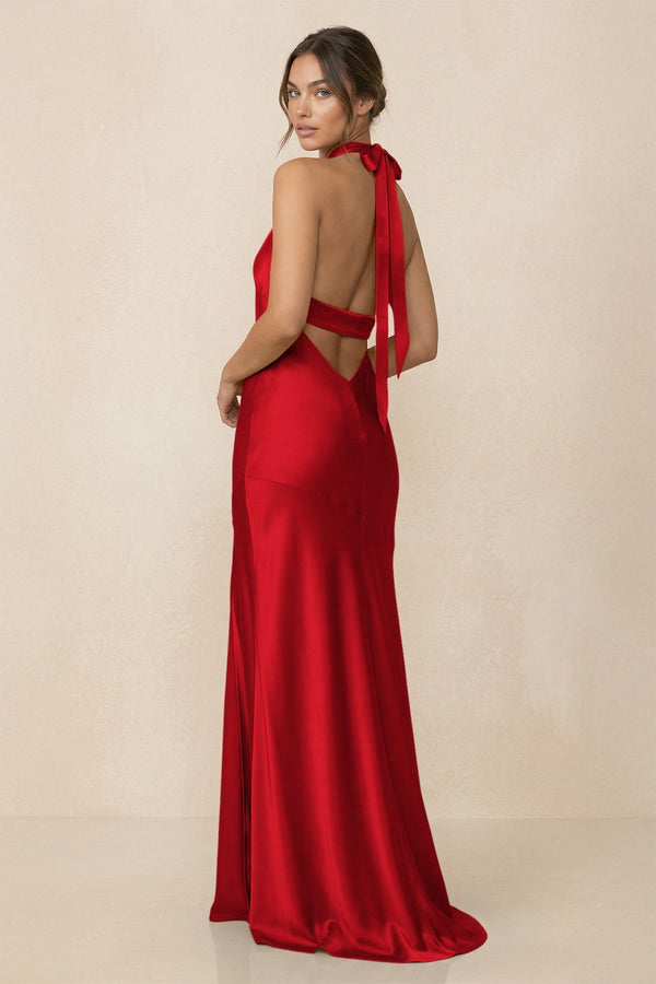 Cross Halter Sheath Bridesmaid Dress With Slit in Ruby Red - KISS BRIDAL Bridesmaid Dresses