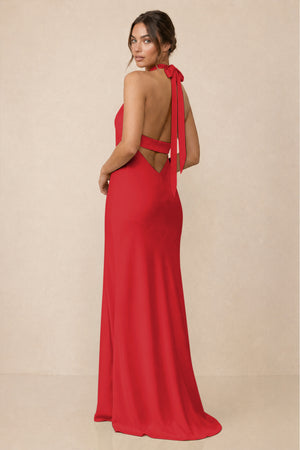Cross Halter Sheath Bridesmaid Dress With Slit in Ruby Red (2) | KISSBRIDAL